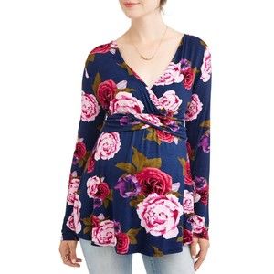 Liz Lange Maternity tunic blouse nursing top S small blue pink flowers long slve